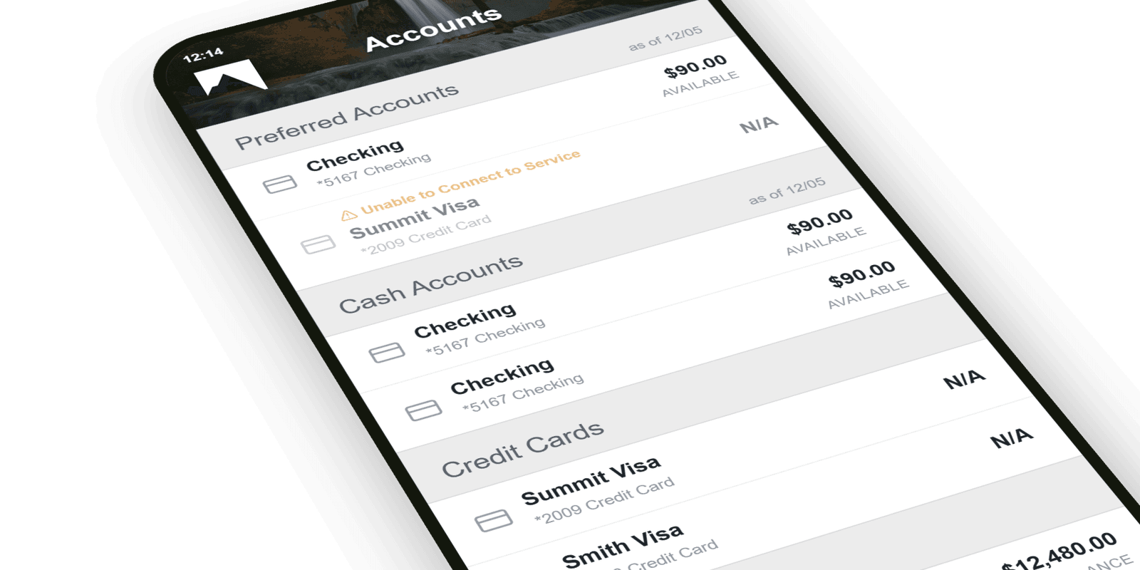 High-fidelity Accounts screen: Summit branding and green accent, matching the sign-in design, with account balances and recent activity.