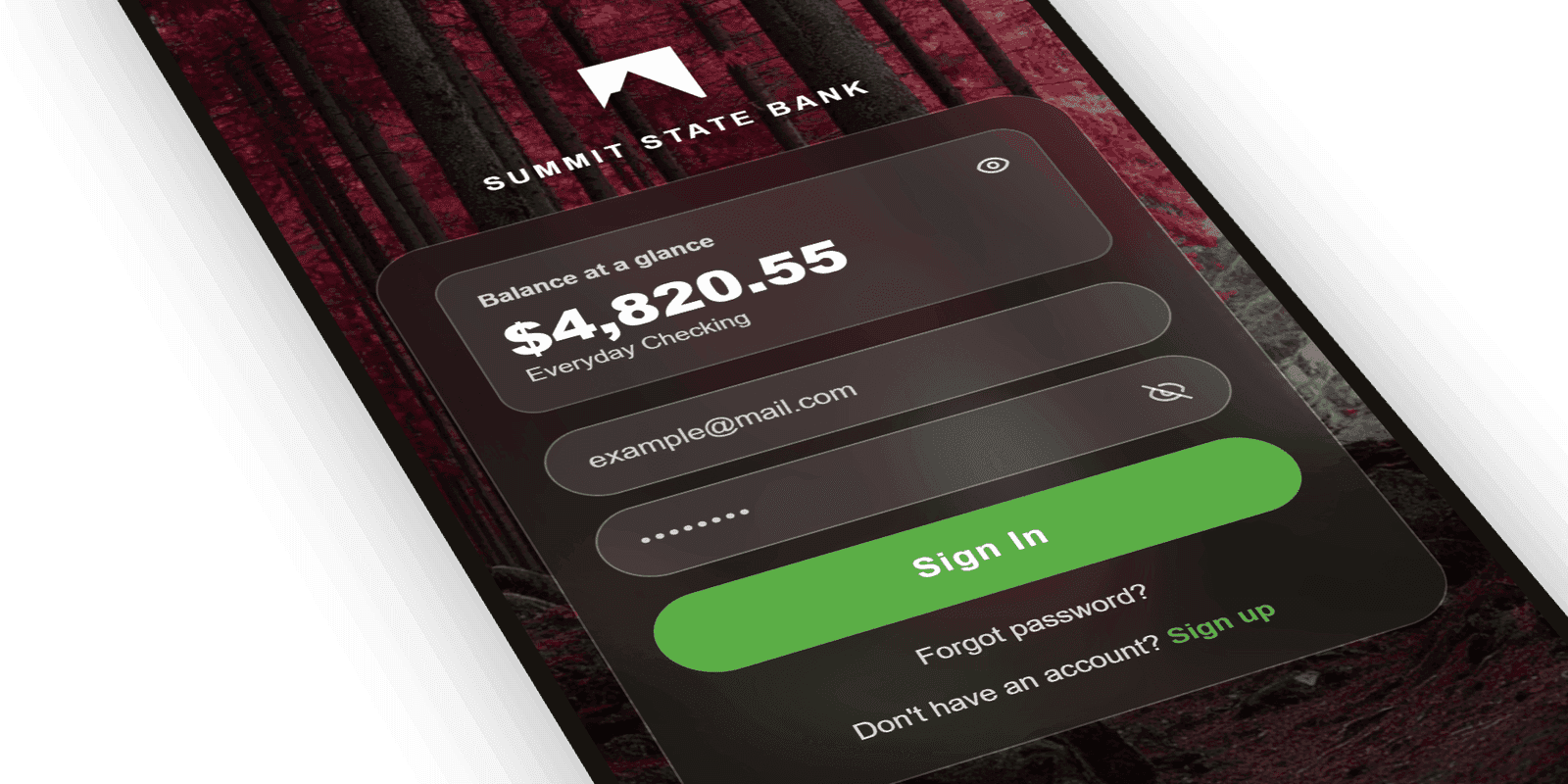 At-a-glance balance shown before login on the mobile banking app.