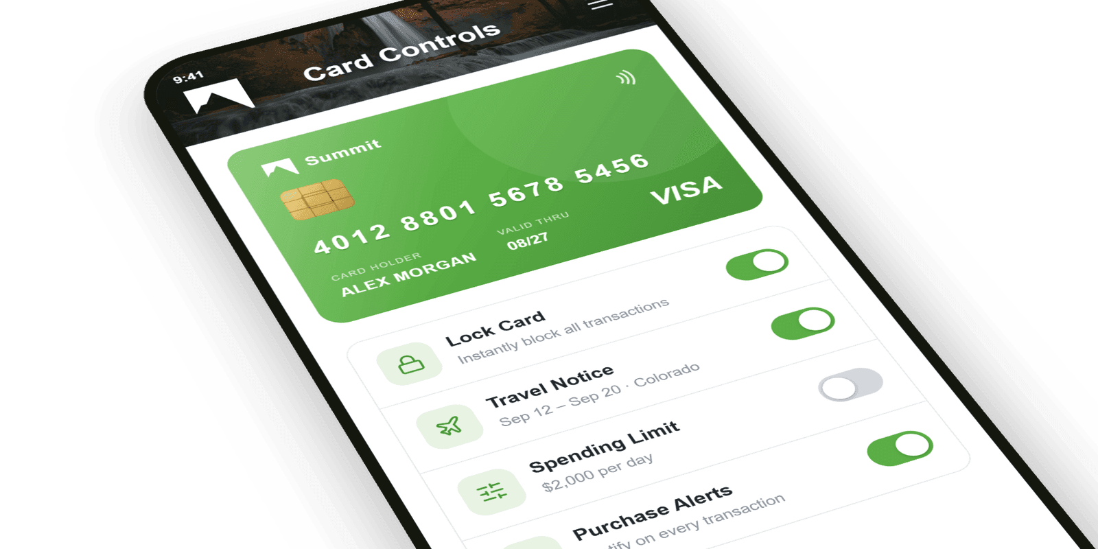 In-app card controls: lock card, travel notices, and spending limits.