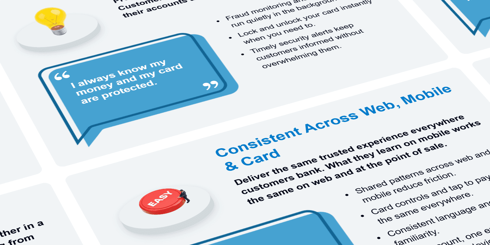 Design principles slide showing six principles: Prioritize Ease of Use, Flexible & Adaptable, Future-Proof & Automated, The One-Stop Shop, Accurate & Trusted, and Clear & Transparent: each with a user quote and supporting bullet points.