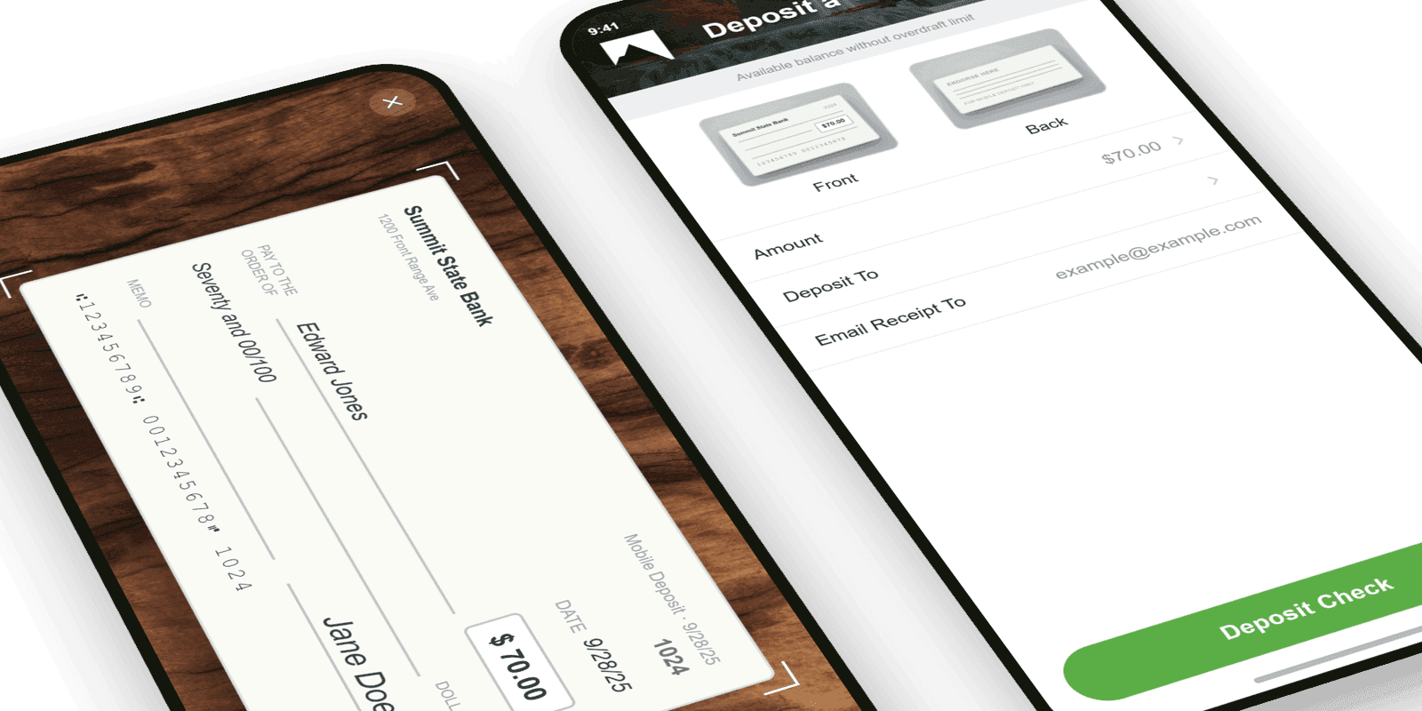 Mobile check deposit flow: capture, confirm amount, and instant confirmation.