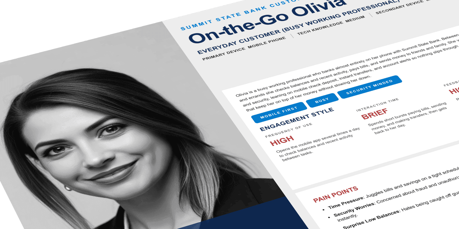 Persona profile for the ‘Financial Focus’ user: a detail-oriented financial analyst (MBA) and experienced generative-AI user, with portrait, traits, engagement style, and frequency of use.