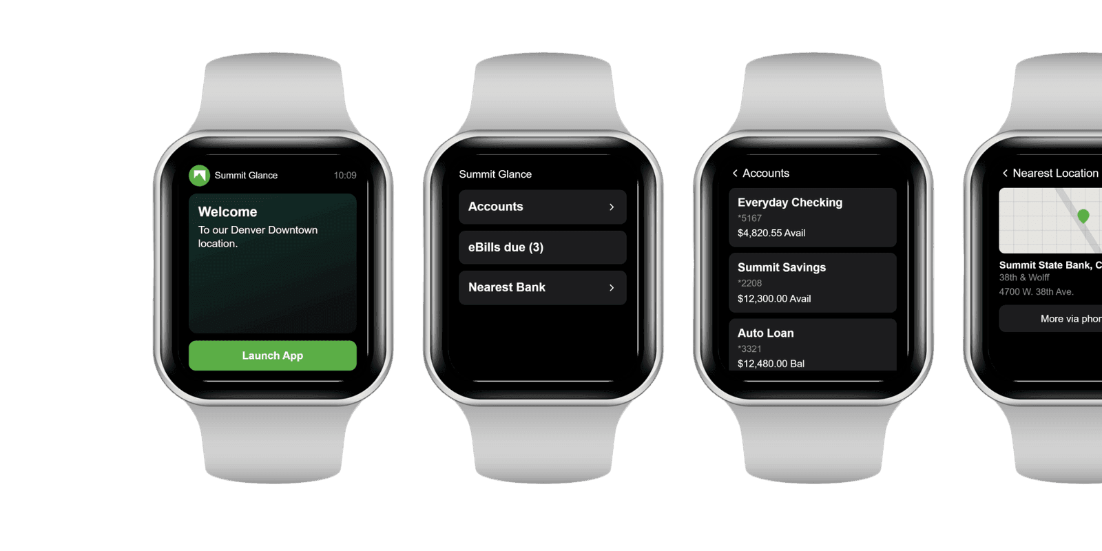 Apple Watch banking app: a balance glance complication plus a menu for accounts, the nearest branch location, and eBills.