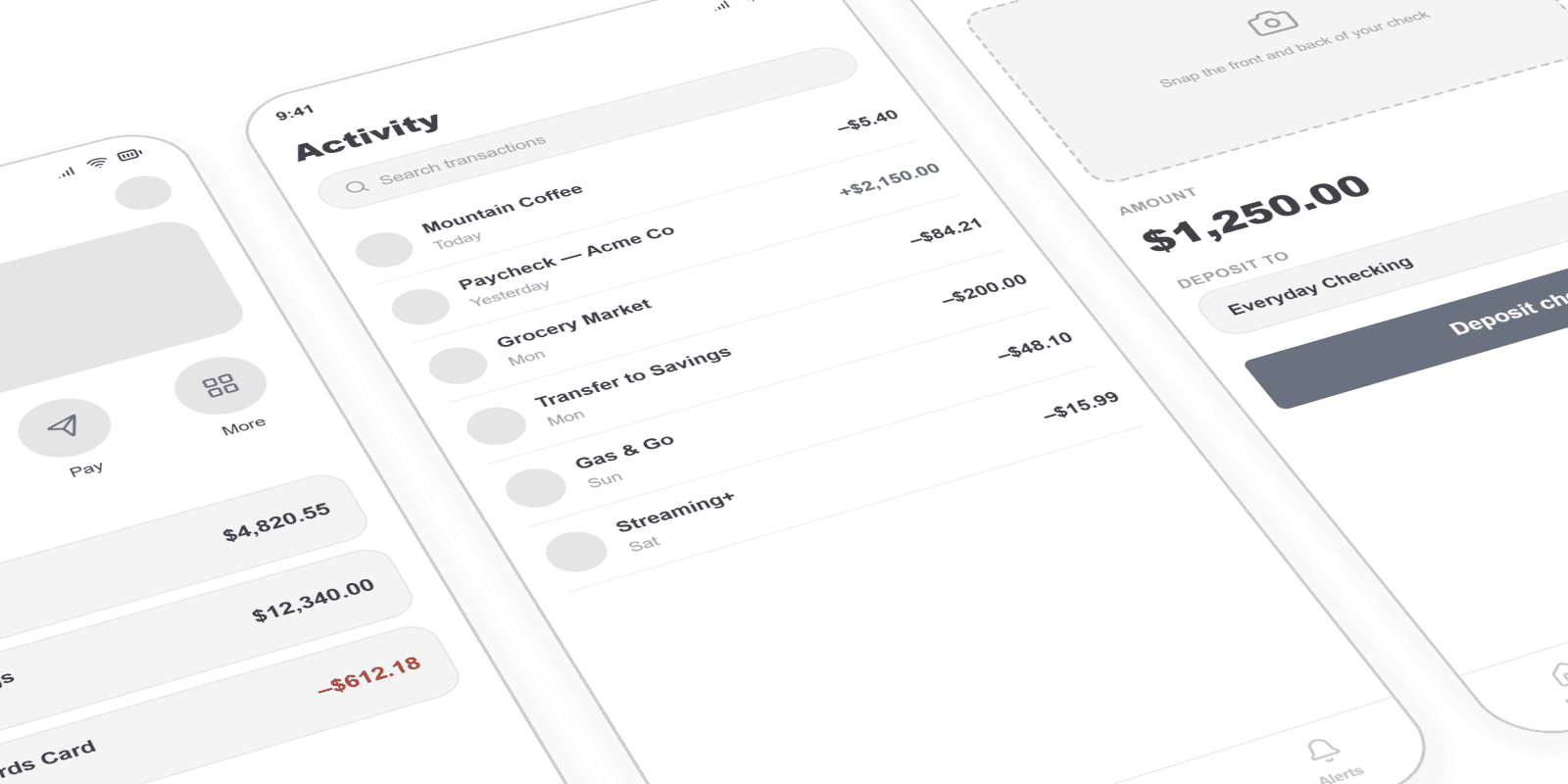 Wireframe of a mobile banking flow: account overview, quick actions, and a primary task screen sketched at low fidelity.