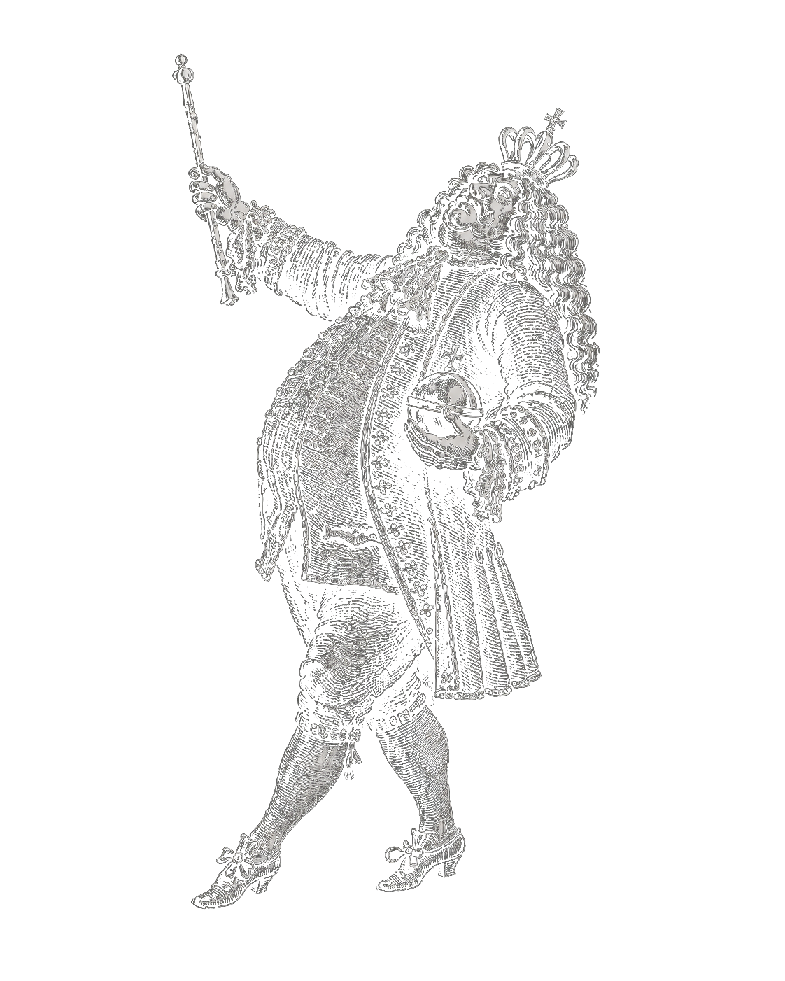 Engraved illustration of a king in full regalia — robed, crowned, and holding scepter and orb.